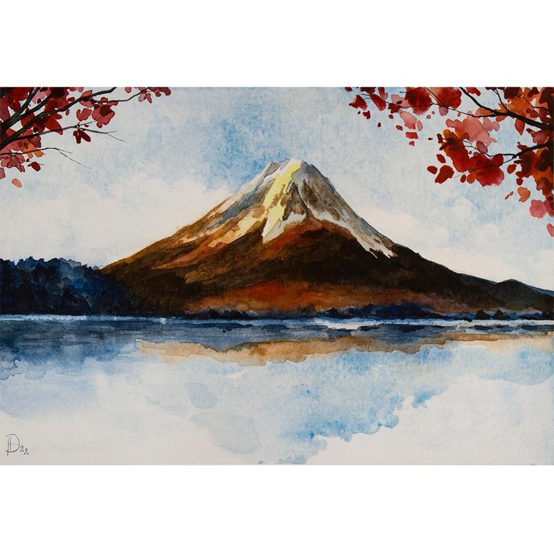 Mt. Fuji Painting Mountain Original Art Watercolor Landscape Hand-Painted - 海报/装饰画/版画 - 纸 咖啡色
