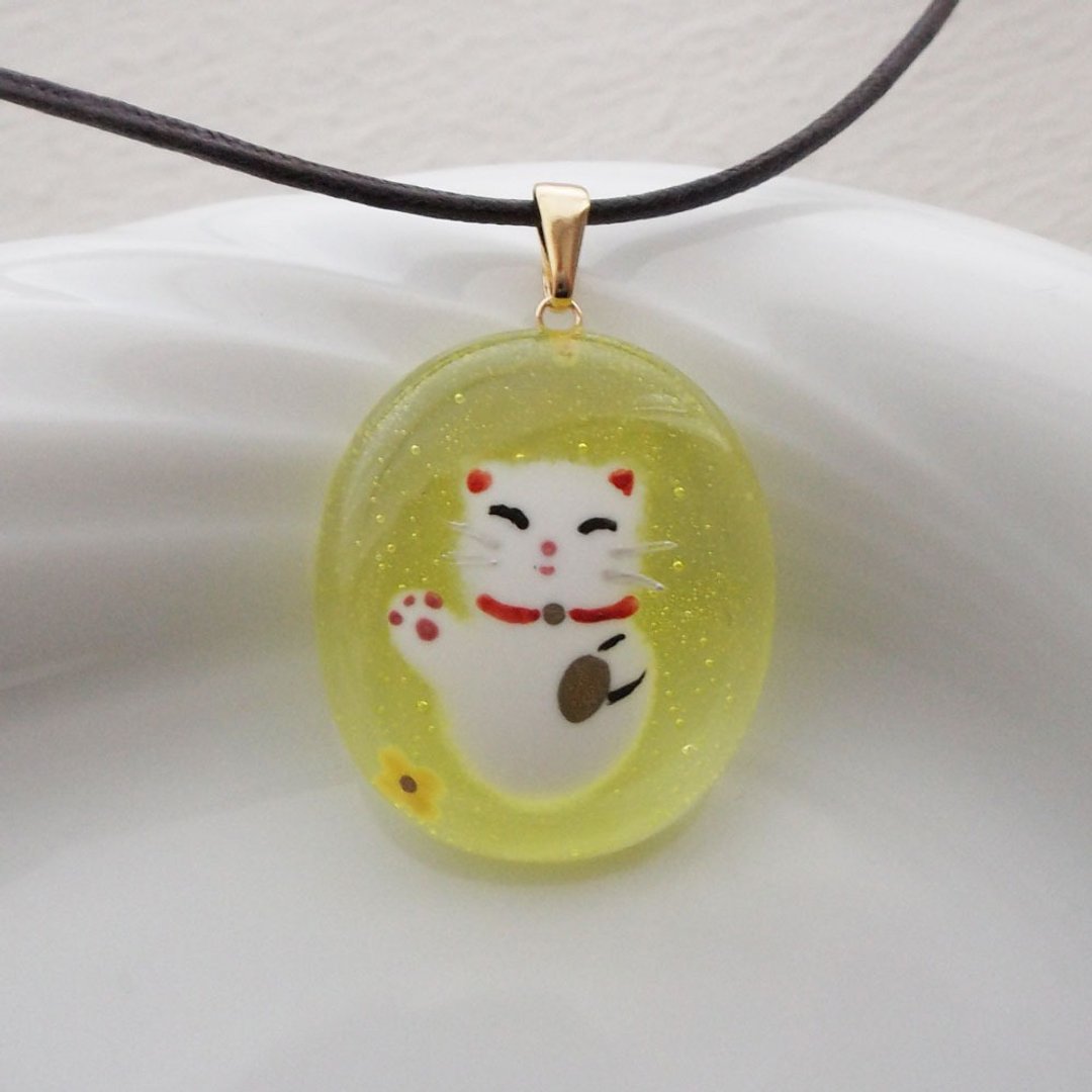 招财猫 玻璃 项链 - 项链 - 玻璃 黄色