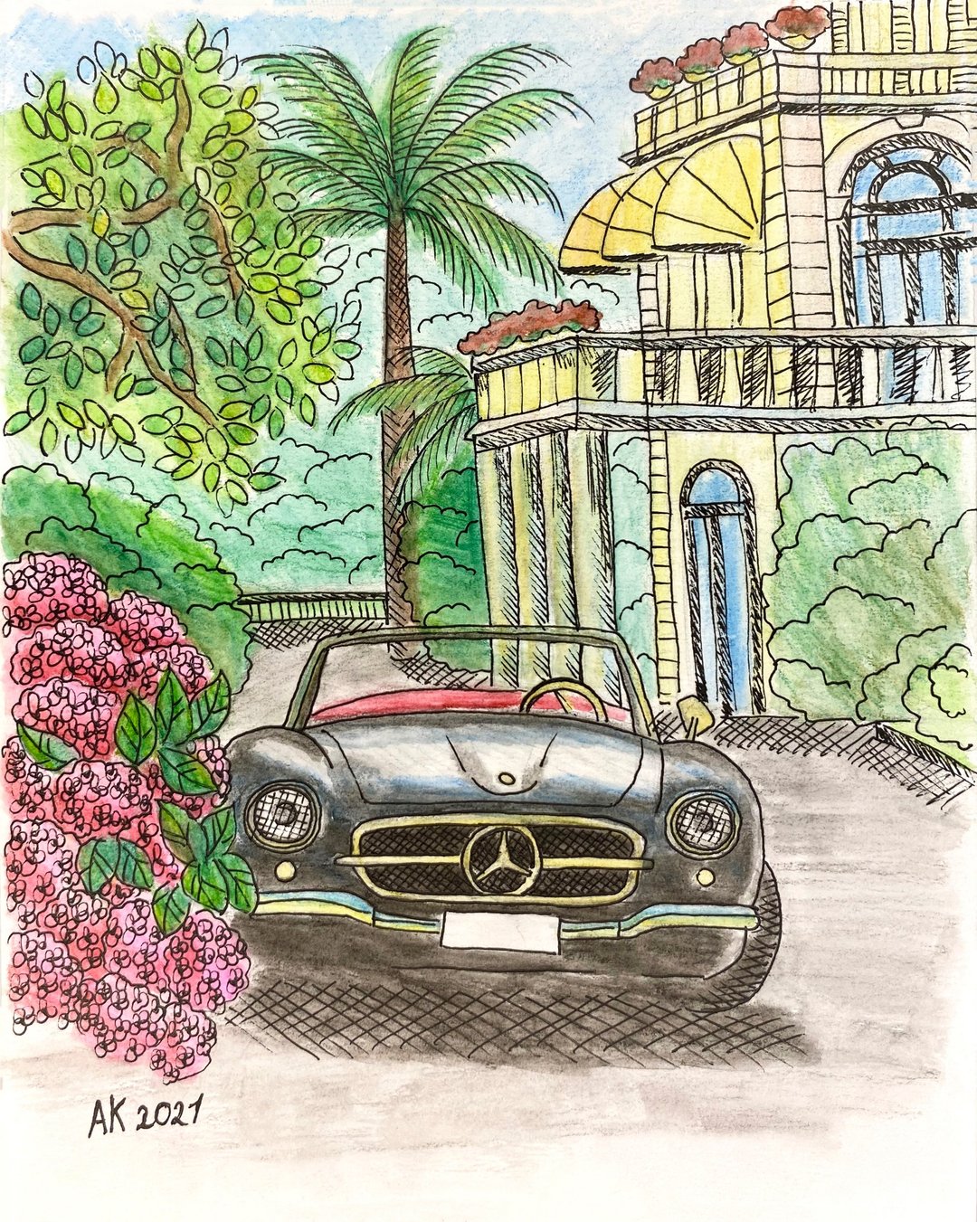度假水彩画，梅赛德斯 SL 汽车，科莫湖酒店，意大利艺术品 - 墙贴/壁贴 - 其他材质 绿色