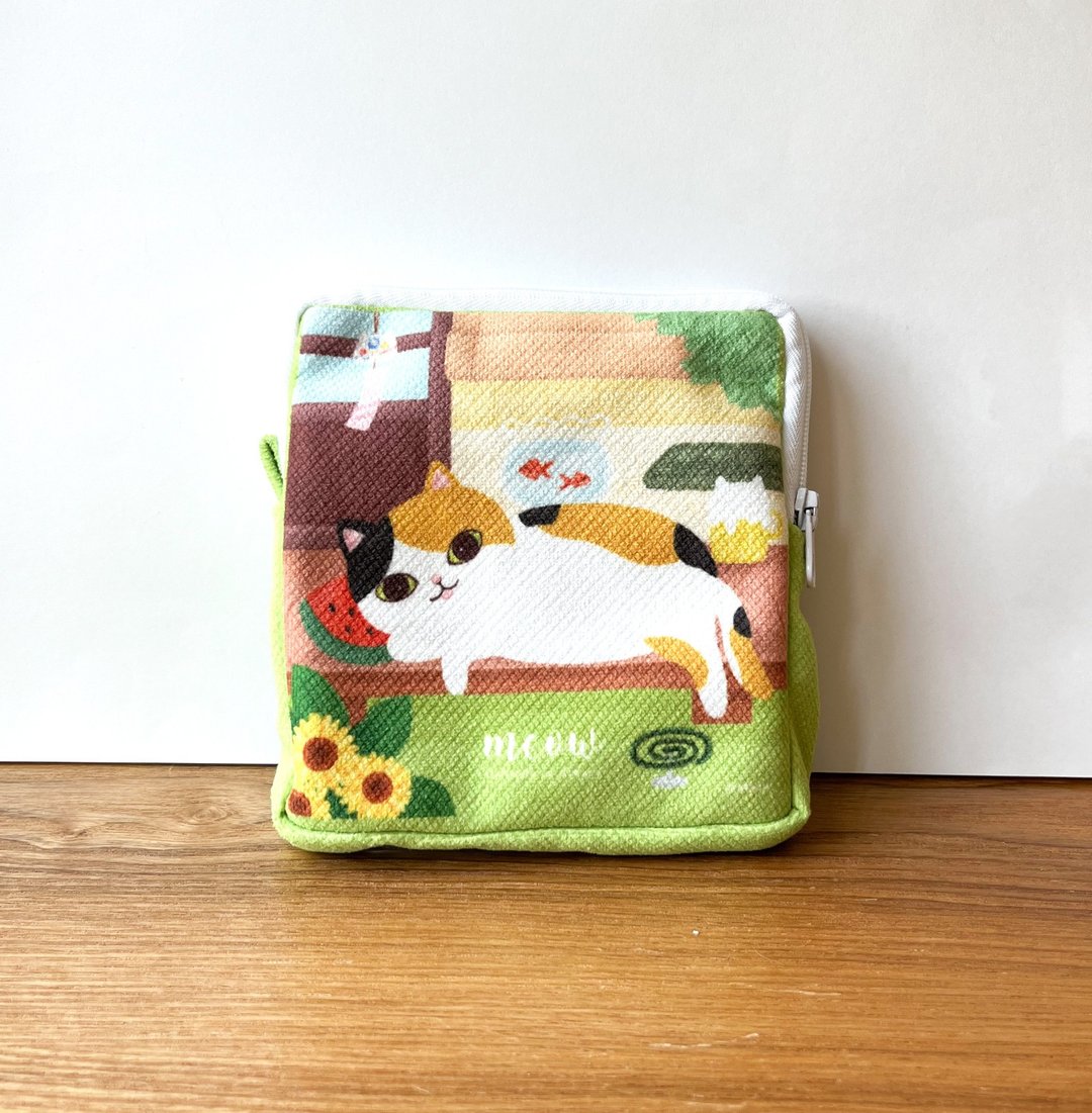 Meow 夏日猫猫方形化妆袋小物包 - Size S - 化妆包/杂物包 - 其他材质 绿色