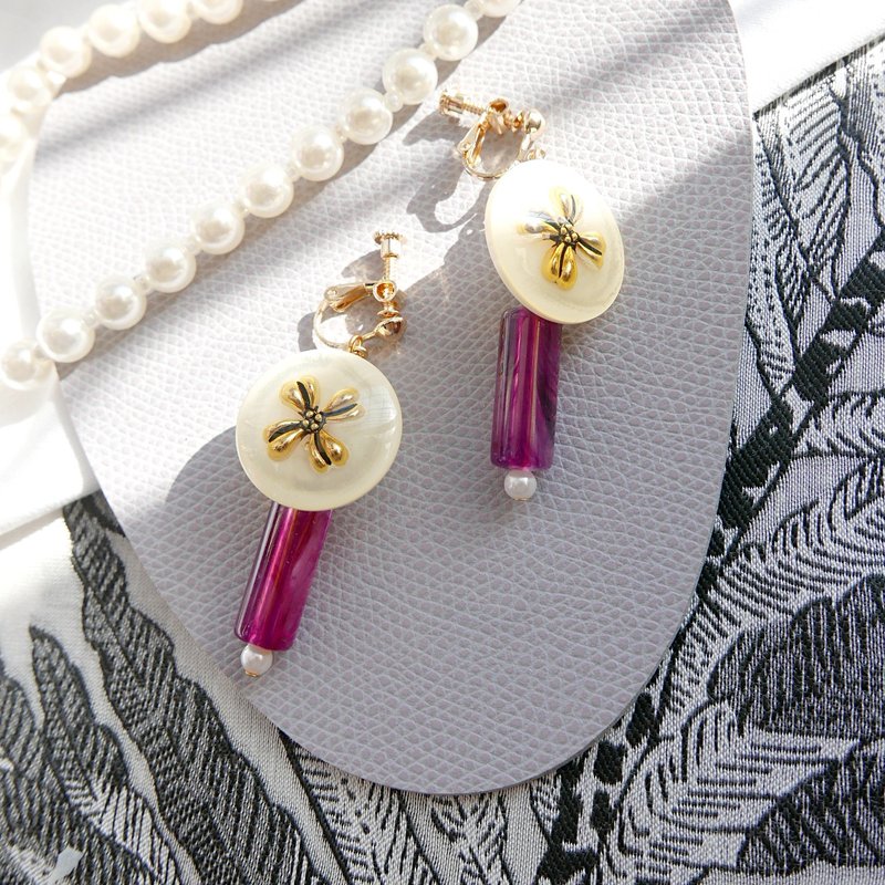 香槟-复古钮扣双面耳环 - 耳环/耳夹 - 压克力 紫色