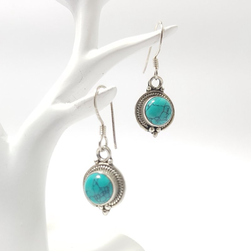【ColorDay】土耳其石 / 绿松石古典纯银耳环(12月诞生石)_Turquoise Silver Earring_ターコイズ-トルコ石 - 耳环/耳夹 - 宝石 蓝色