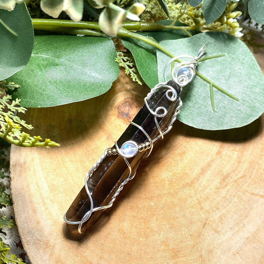 能量水晶项链-霍克曼-茶晶、水晶灵摆项链、艺术编织 - 项链 - 石头 咖啡色
