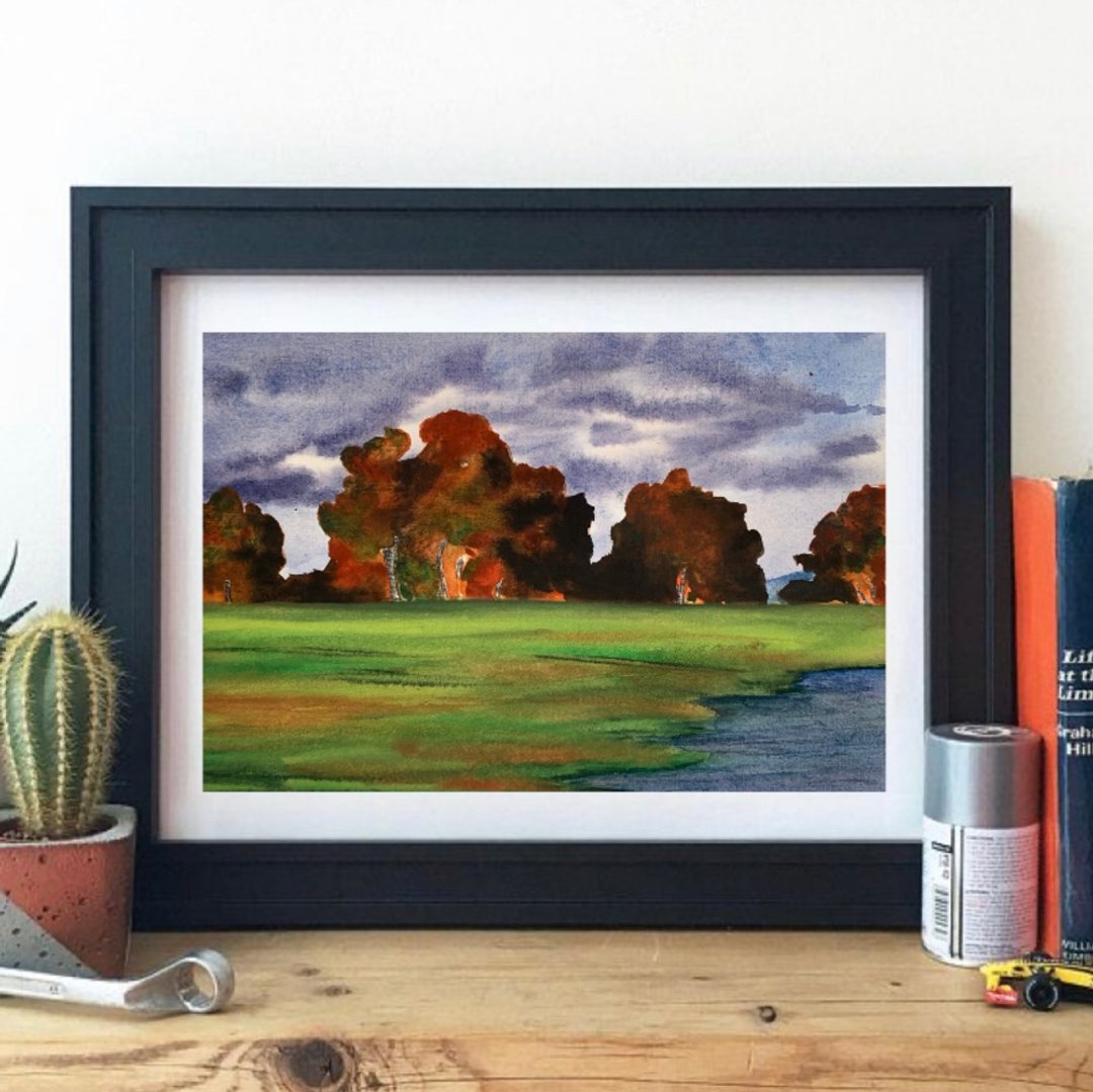 Original Watercolor Art Trees Landscape Autumn Painting Field Landscape - 墙贴/壁贴 - 纸 多色
