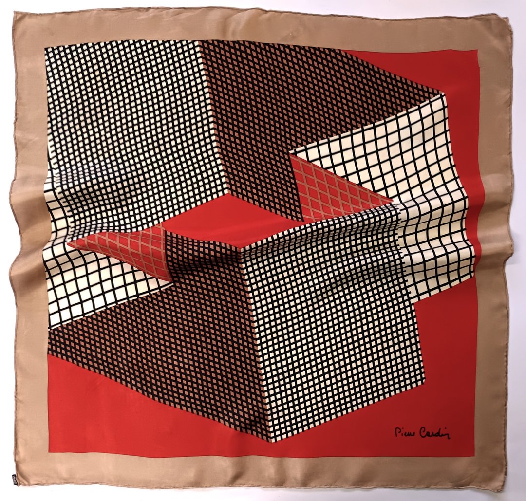 复古 PIERRE CARDIN 几何图纹丝巾，30 x 31 英寸，橘棕色真丝 - 丝巾 - 丝．绢 橘色