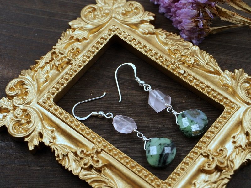 天然红绿宝石 玫瑰石英 纯银耳环  Zoisite Quartz Rose - 耳环/耳夹 - 半宝石 绿色
