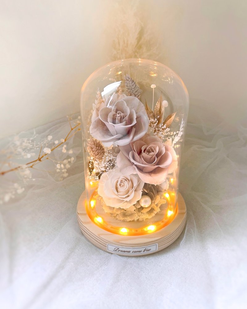 永生花玻璃盅-温柔奶杏 l 小夜灯 日本玫瑰 奶茶色永生花玻璃盅 - 干燥花/捧花 - 植物．花 卡其色