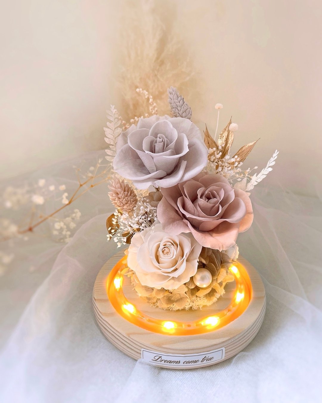 永生花玻璃盅-温柔奶杏 l 小夜灯 日本玫瑰 奶茶色永生花玻璃盅 - 干燥花/捧花 - 植物．花 卡其色