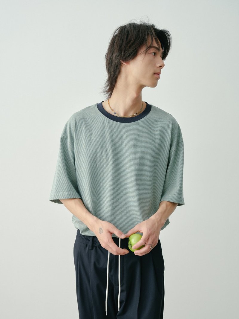 细碎 复古绿色细条纹短袖T恤 - 男装上衣/T 恤 - 其他材质 绿色