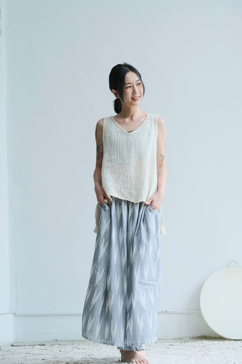 OMAKE 散状大宽裤 / Ikat 银灰 - 女装长裤 - 棉．麻 灰色