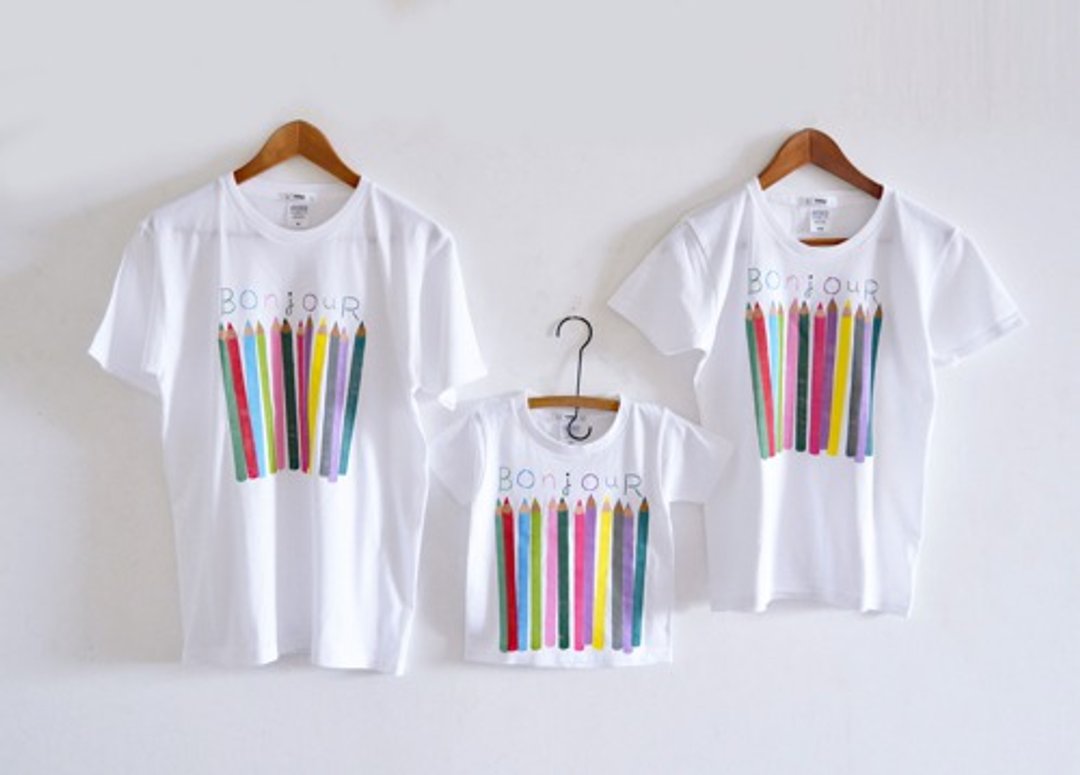 Parent and child 3 matching color pencil T-shirt set parent and child matching coordination white - 女装上衣 - 其他材质 