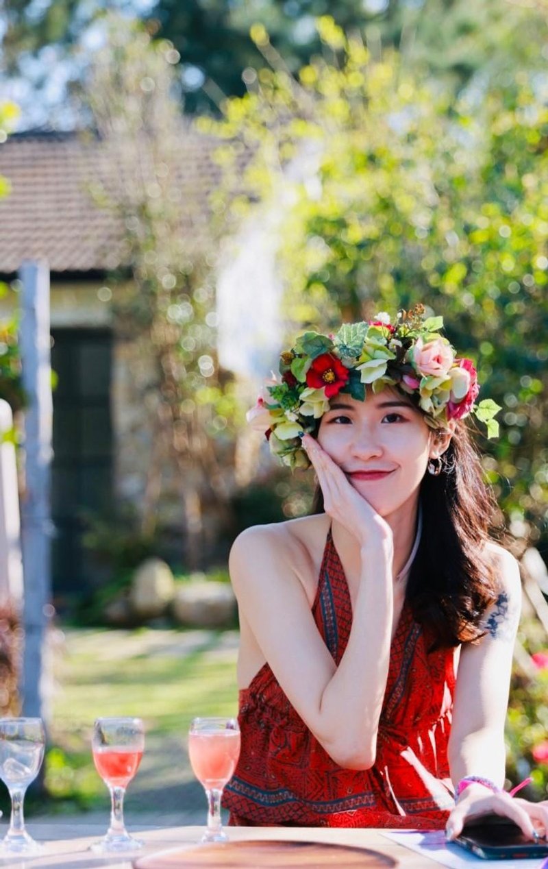 海岛风拟真花环发饰/桃粉/波斯菊玫瑰款 - 发饰 - 其他人造纤维 红色