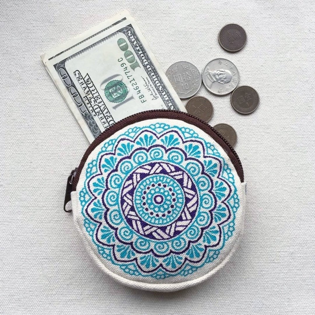 圆型 手绘零钱包 3C收纳包 蓝色 紫蓝 Henna Mandala 设计 彩绘 汉娜 蔓蒂 曼陀罗 禅绕 民族 印度彩绘 帆布 - 零钱包 - 其他材质 蓝色
