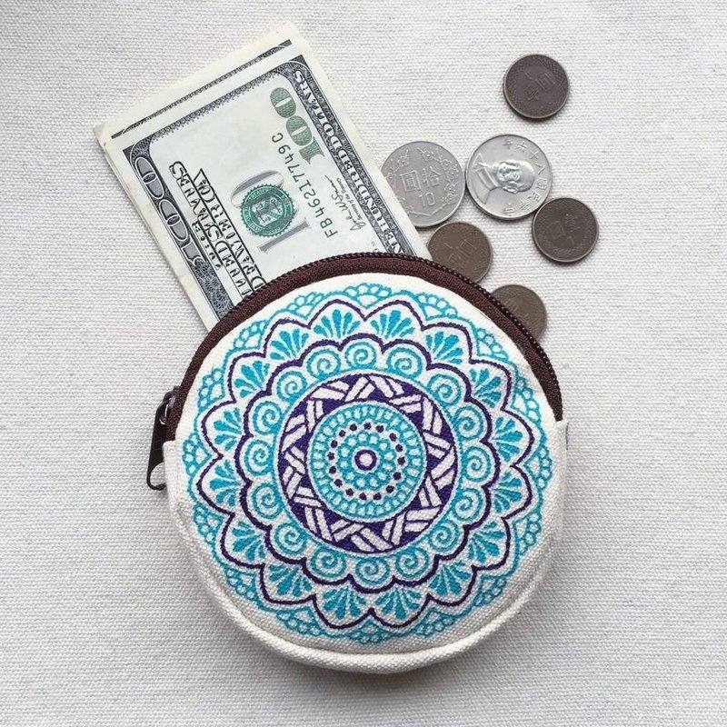 圆型 手绘零钱包 3C收纳包 蓝色 紫蓝 Henna Mandala 设计 彩绘 汉娜 蔓蒂 曼陀罗 禅绕 民族 印度彩绘 帆布 - 零钱包 - 其他材质 蓝色