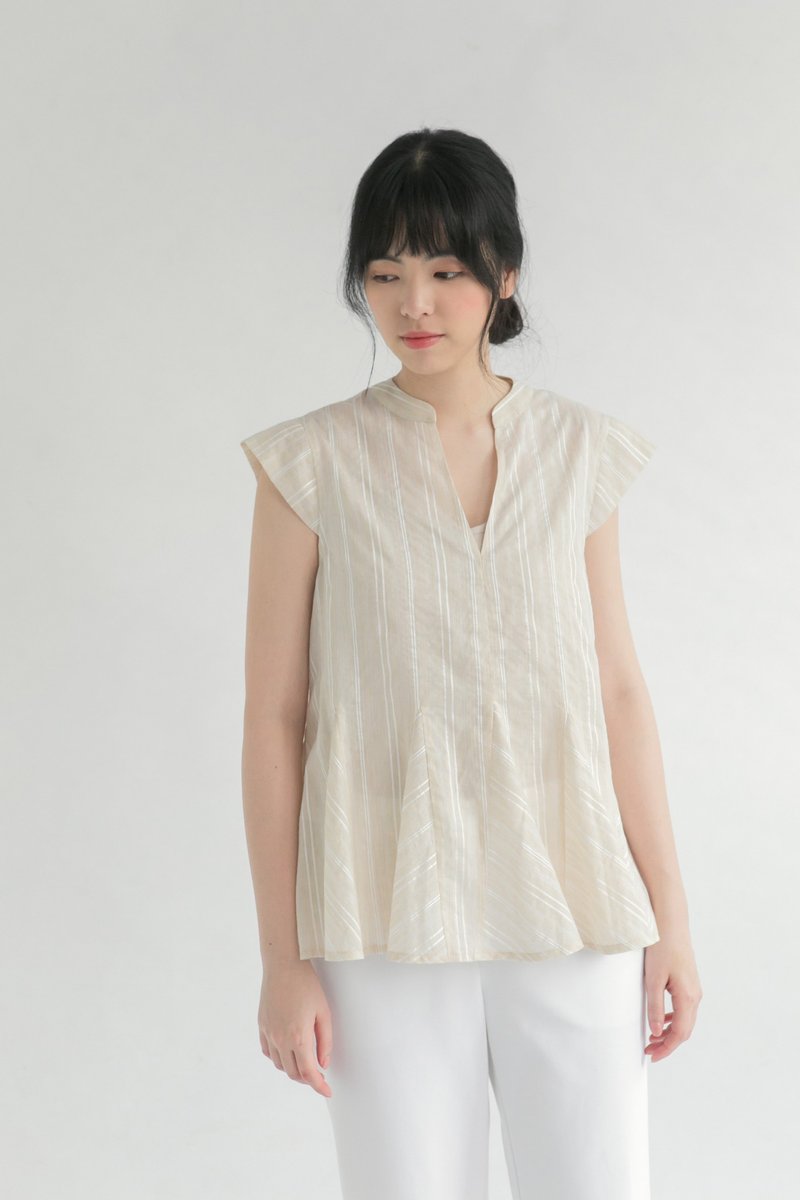 【春季时尚】晨光早茶V领光泽短袖上衣-谷米温茶 - 女装上衣 - 棉．麻 黄色