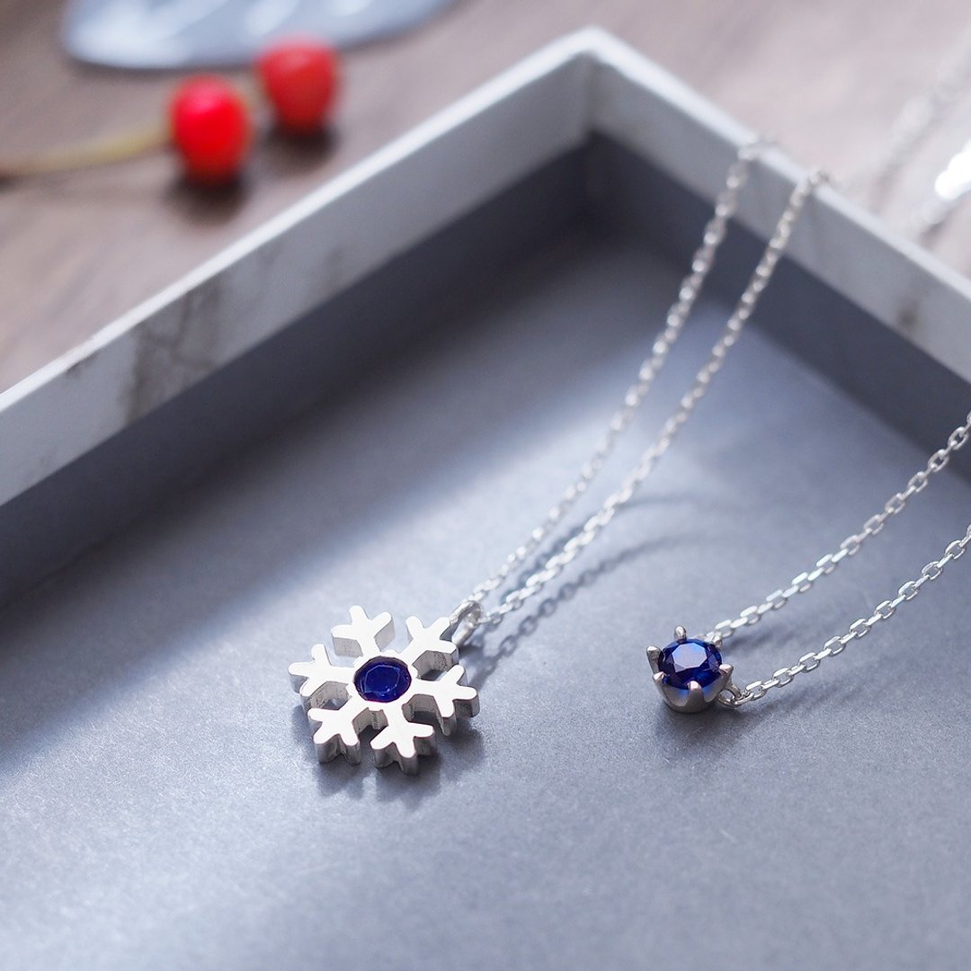 2 pieces set) sapphire Snowflake single grain necklace set Silver 925 - 项链 - 其他金属 蓝色