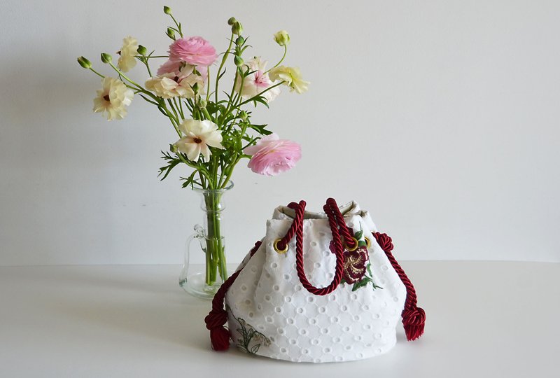 限量发售 顶级 荷兰制 全棉蕾丝 两用托特包 白色 x 酒红 - 手提包/手提袋 - 棉．麻 白色