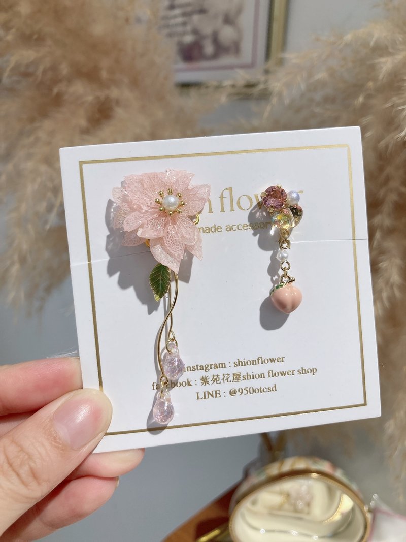 樱花绣球花三层垂坠耳环x可可爱爱宝石 小屁桃 - 耳环/耳夹 - 植物．花 粉红色