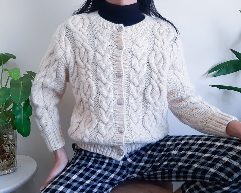 复古 20 世纪 70 年代爱尔兰阿兰渔夫毛衣开衫 100% 羊毛粗针织夹 - 女装针织衫/毛衣 - 羊毛 卡其色