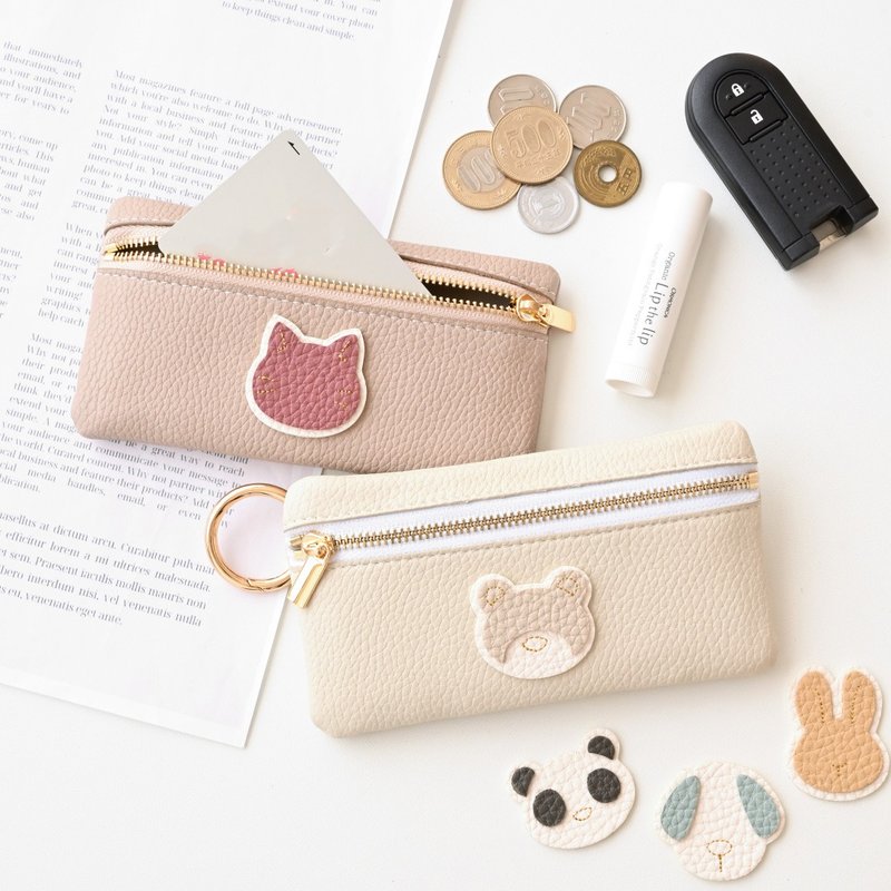 顶部拉链万用小包 【简约 动物 缝线 刺绣贴布】 零钱包 小物收纳 零钱盒 迷你钱包 皮革 纤薄 犬 猫 A276I - 化妆包/杂物包 - 人造皮革 咖啡色