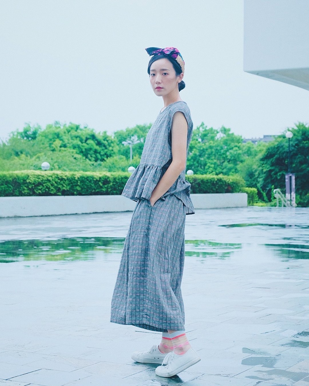 深灰织色棉麻宽裤 - 女装长裤 - 棉 灰色