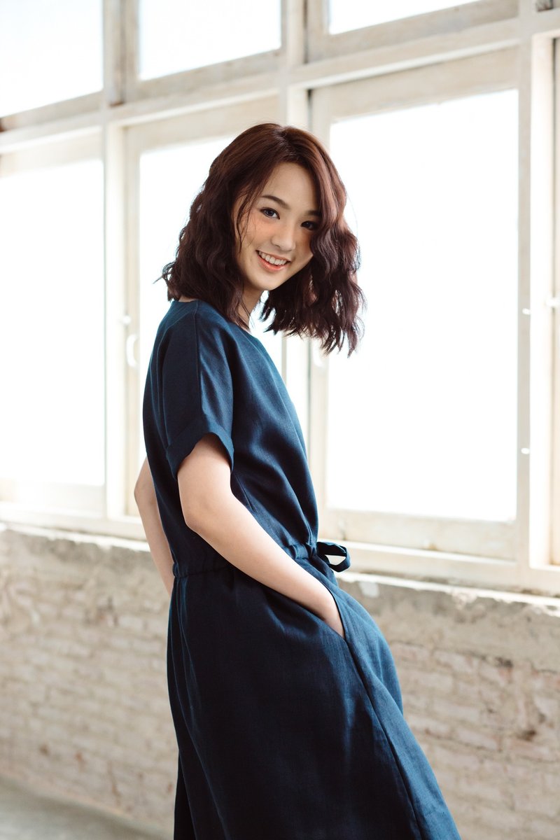 休闲亚麻收腰连身裙 - 海军蓝 - 洋装/连衣裙 - 棉．麻 