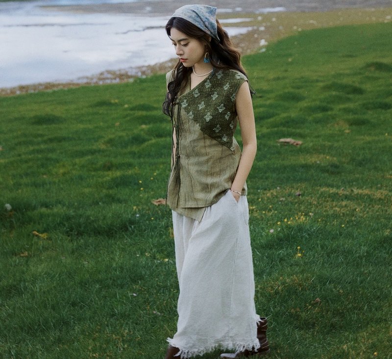 【苔原山林回响】美古朴亚麻扎染/藏族元素/做旧背心 - 女装上衣 - 其他材质 绿色