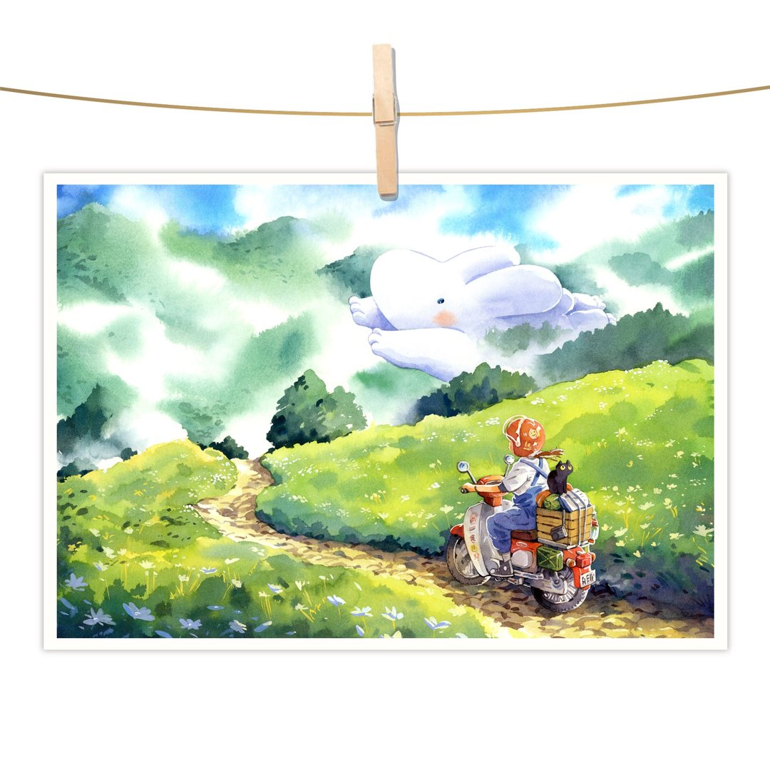 afu水彩插画明信片 - 摩托车的独旅 - 卡片/明信片 - 纸 多色