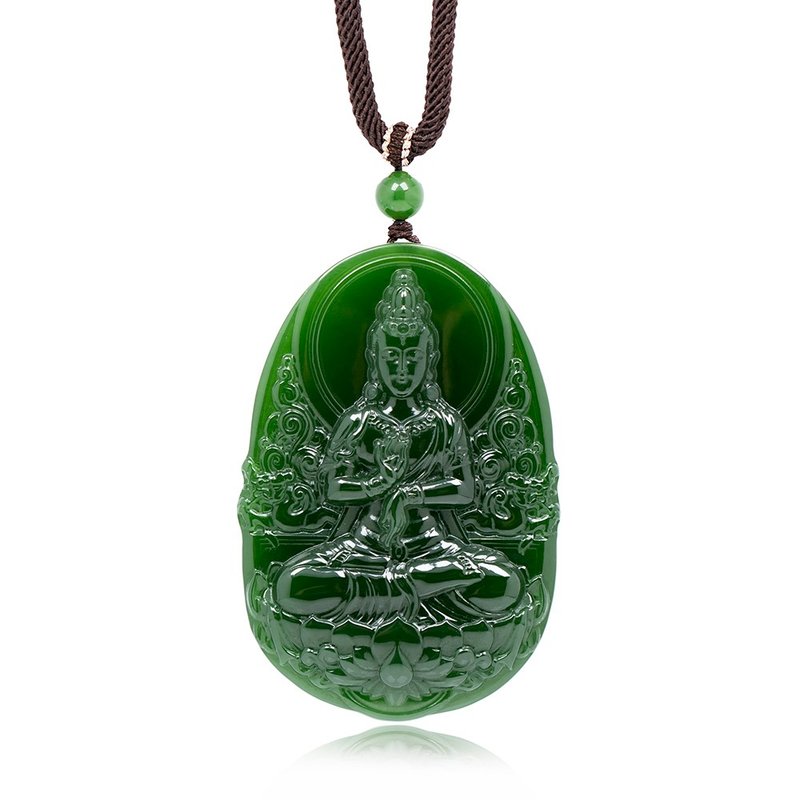 和田碧玉 顶级老矿菠菜绿 观世音菩萨 全净体碧玉结晶 - 项链 - 玉石 绿色
