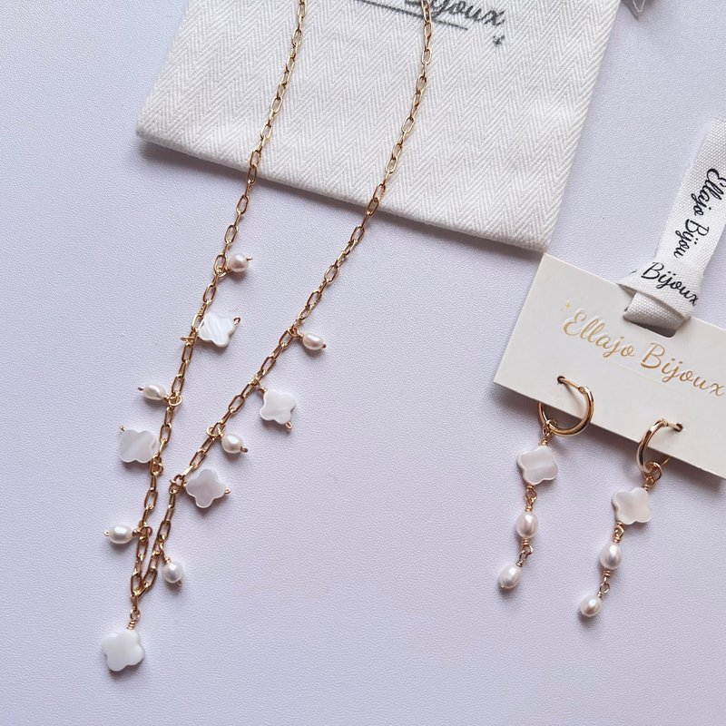 天然白蝶贝四叶草与珍珠系列 14K 包金项链、耳环 - 项链 - 珍珠 