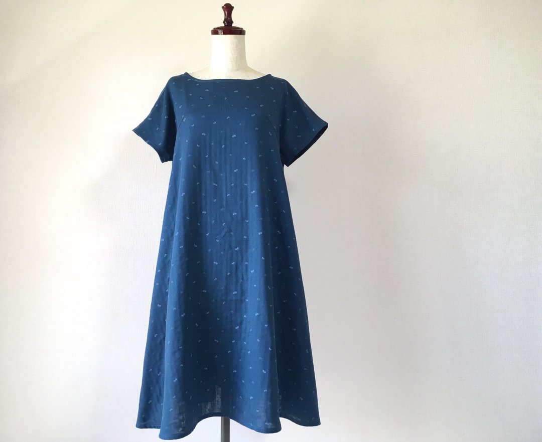 Chocho Ribbon Flare Dress Double Gauze Short Sleeve - 洋装/连衣裙 - 棉 蓝色