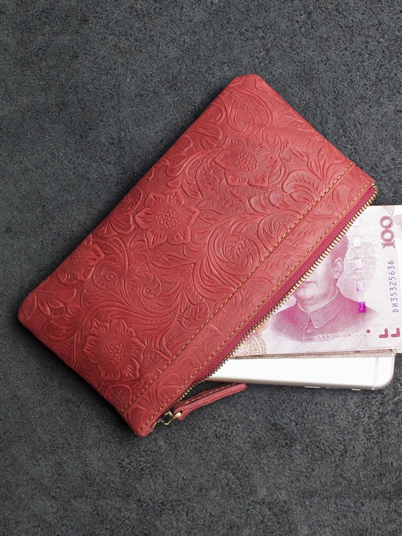 头层牛皮手机钱包 简约真皮零钱包 手拿包 长款皮夹\钱包 - 皮夹/钱包 - 真皮 红色