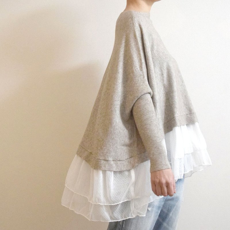蓬松点点网纱 × 柔软针织宽版长版上衣　沙米色　接单制作 - 女装衬衫 - 其他材质 卡其色