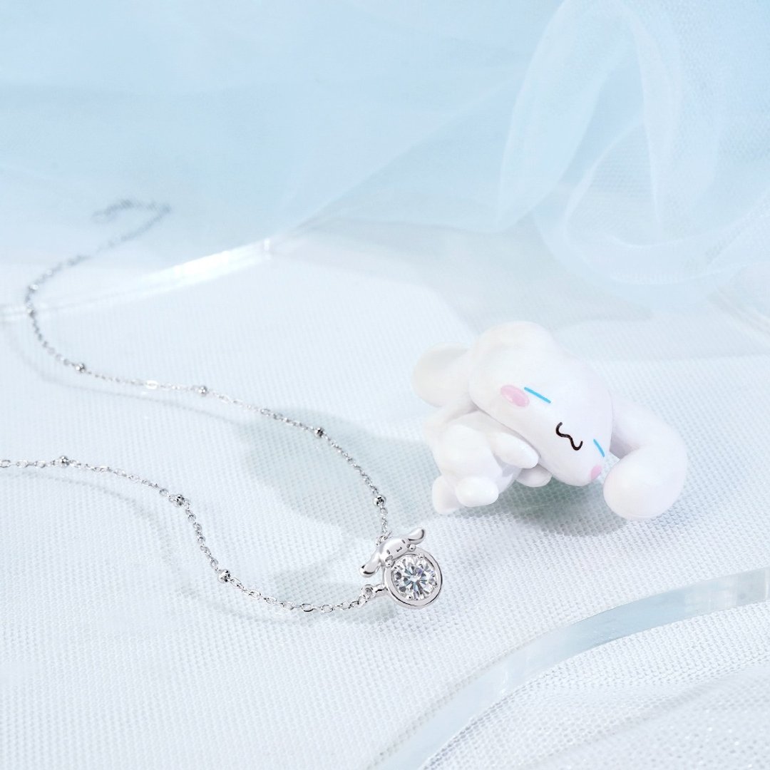 Cinnamoroll 莫桑钻系列-大耳狗喜拿咖啡杯莫桑石单钻纯银项链 - 项链 - 纯银 银色