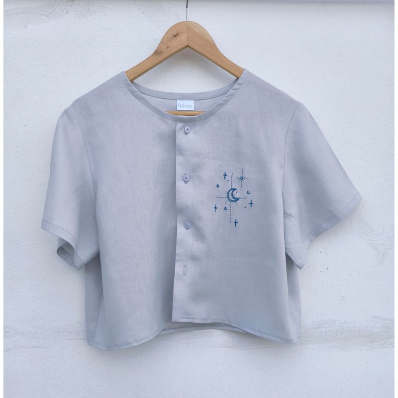 刺绣 | 亚麻 | 灰色圆领上衣 - 女装上衣 - 棉．麻 灰色