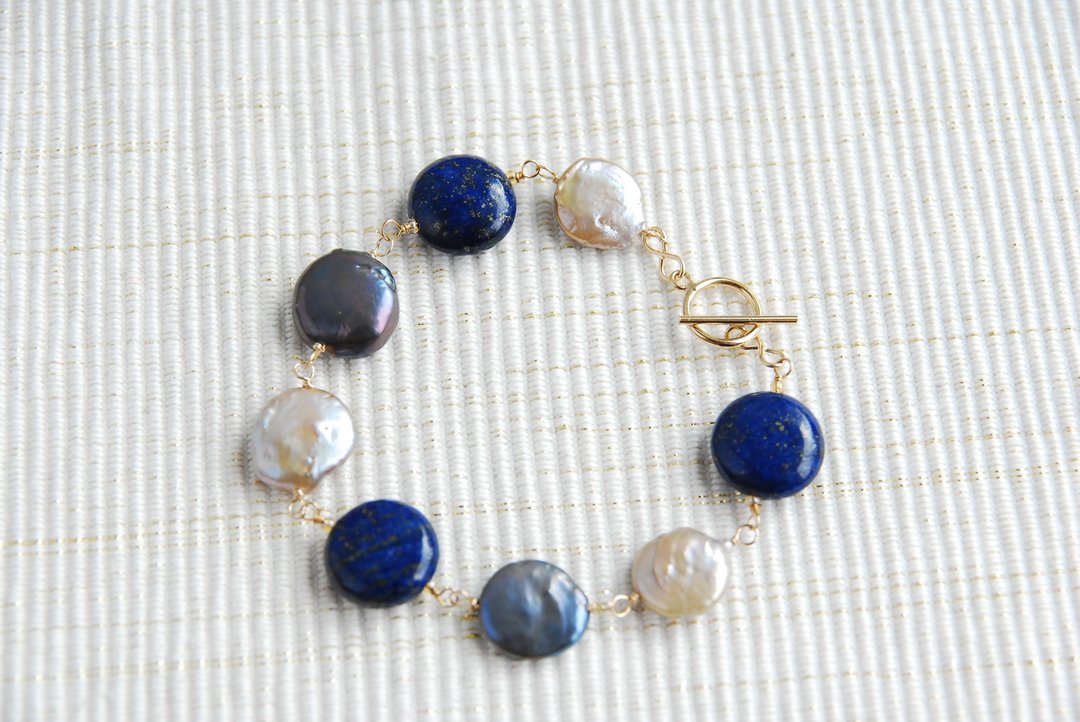 Lapis lazuli and two pearl bracelets 14kgf - 手链/手环 - 半宝石 蓝色