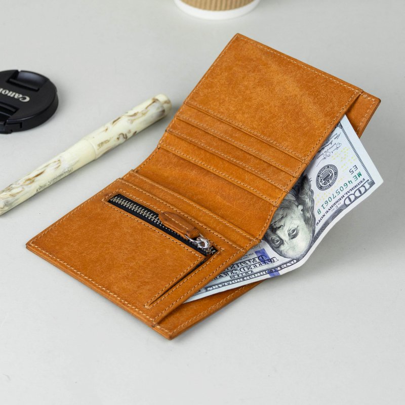 附拉链零钱袋的皮革对折钱包 - 皮夹/钱包 - 真皮 橘色