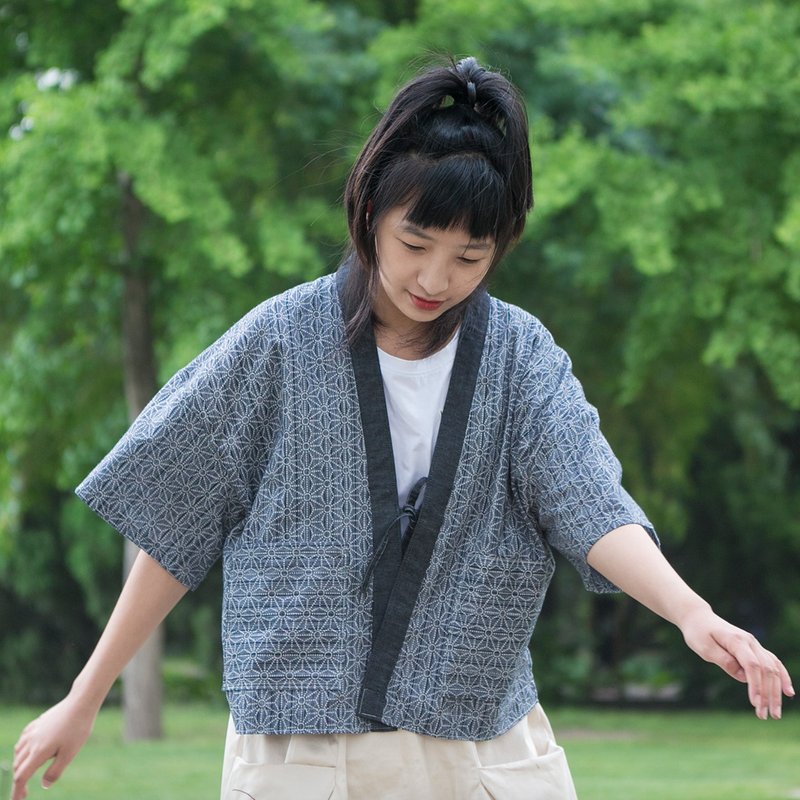 日式和风 龟背纹短袖道袍 和服式系带开衫式薄外套 - 女装上衣 - 其他材质 灰色