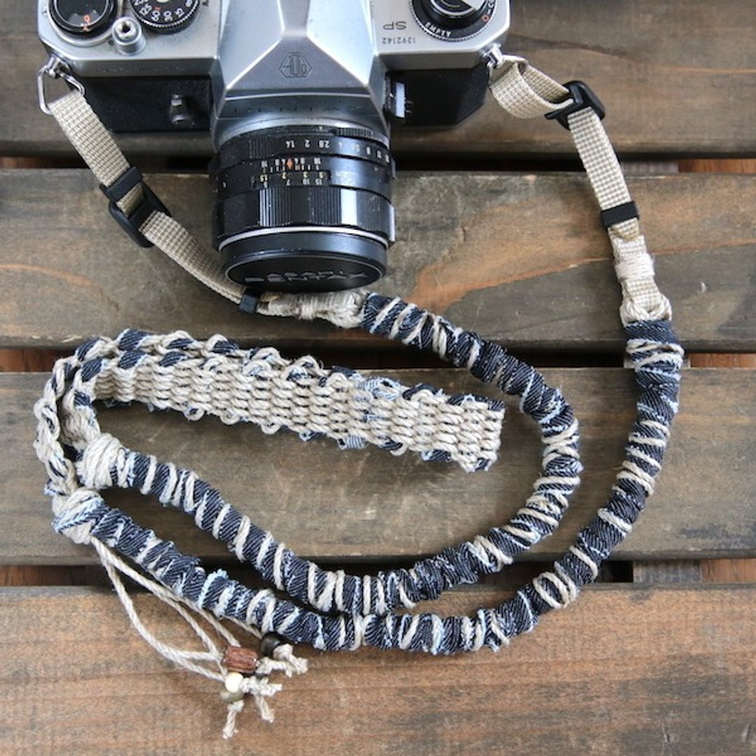 About 100~110cm/Denim ripped hemp string Hemp camera strap/Belt type - 相机背带/脚架 - 棉 蓝色