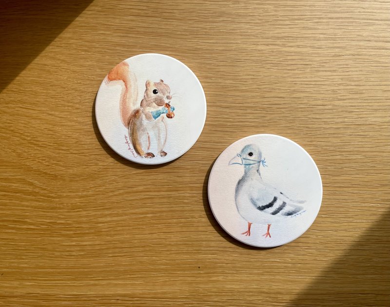 陶瓷吸水杯垫 防滑杯垫 松鼠洗手后吃核果 鸽子防疫 动物插画图案 - 其他 - 瓷 多色