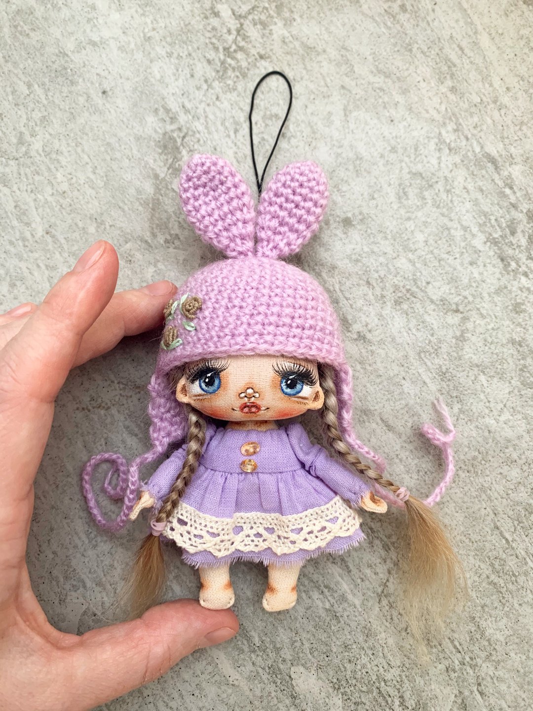 Bunny doll Small art toy Miniature for dollhouse Gift for girl READY TO SHIP - 钥匙链/钥匙包 - 棉．麻 紫色