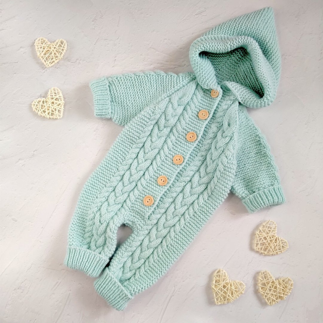 Children's one-piece, hooded jumpsuit knitted natural handmade. - 包屁衣/连体衣 - 羊毛 