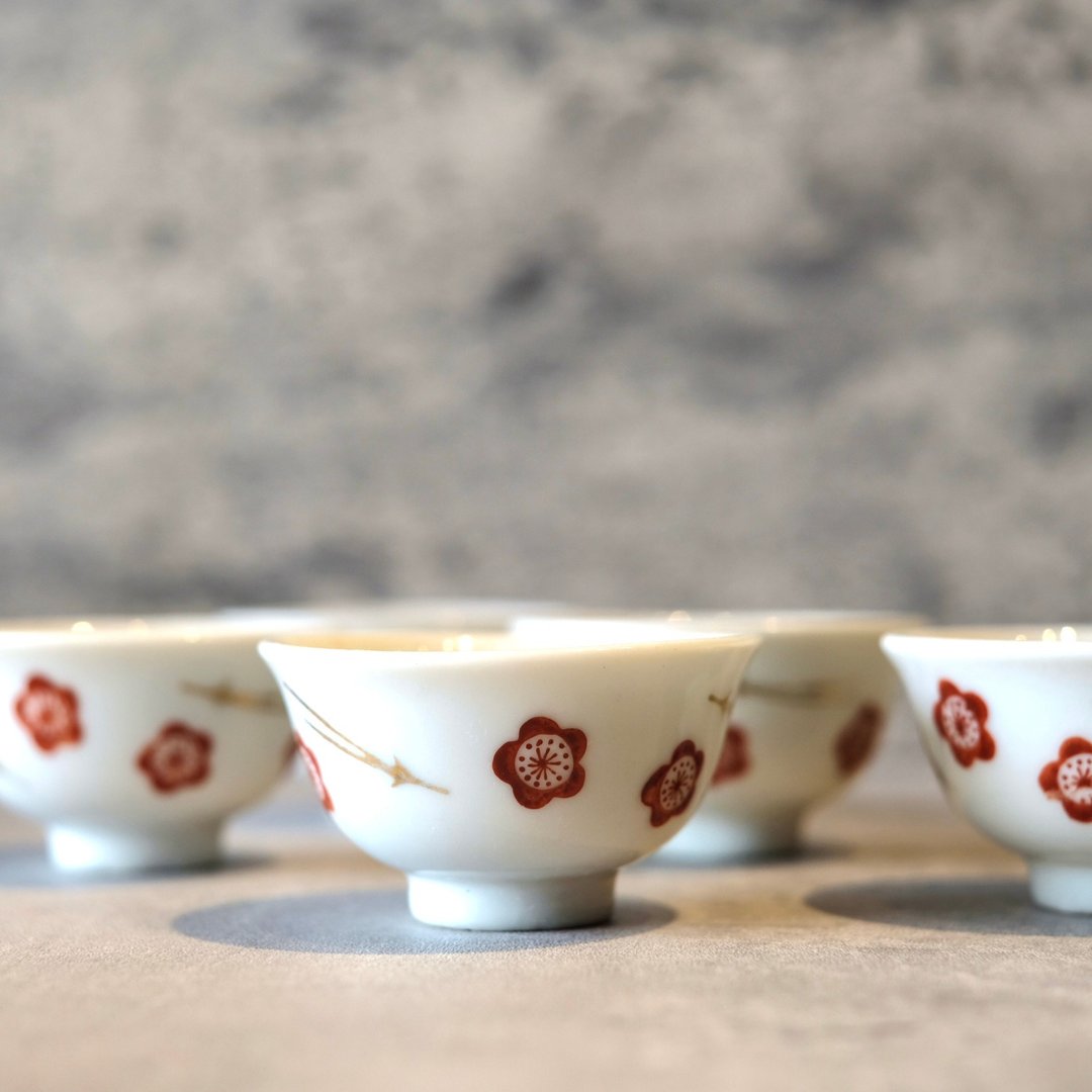 【日本古美术】赤绘樱花纹 煎茶杯 蛋壳杯 若深杯一组五件 - 茶具/茶杯 - 瓷 