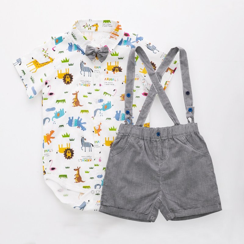 //生日派对.花童礼服//Louis系列动物园包屁衣黑格短裤组 - 童装礼服/连衣裙 - 棉．麻 白色