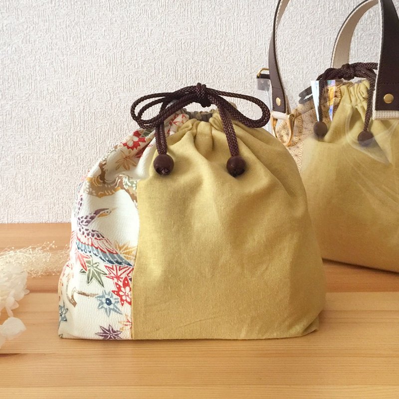 Drawstring Bag with Japanese pattern, Kimono and linen - for Clear Tote Bag - 化妆包/杂物包 - 棉．麻 黄色