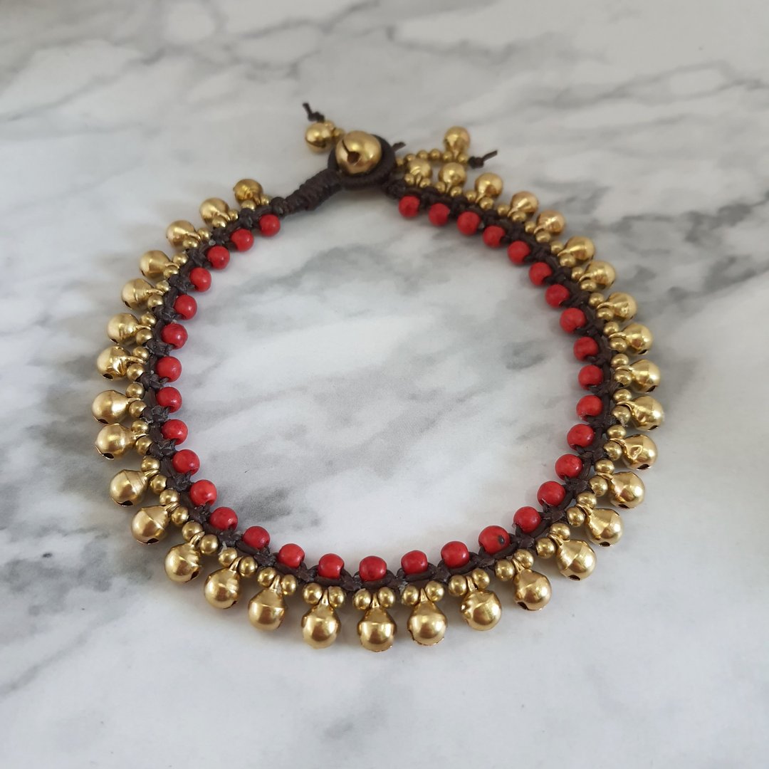Red Coral Boho Brass Bells Ankle Bracelet, Gypsy Foot Jewelry Wearing Beautiful - 脚链/脚环 - 棉 红色
