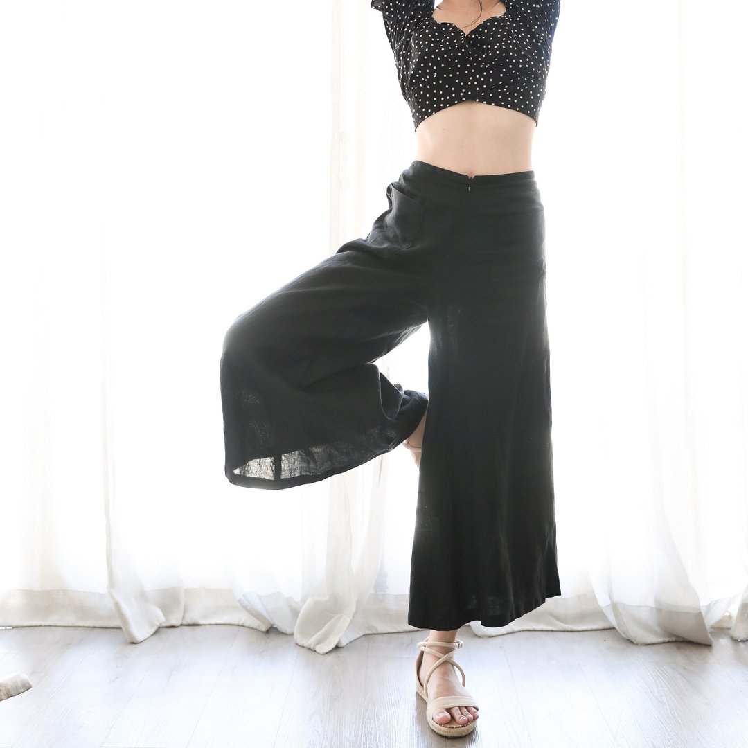 Natural Linen Pants with mini front pockets  - Black - 女装长裤 - 亚麻 黑色
