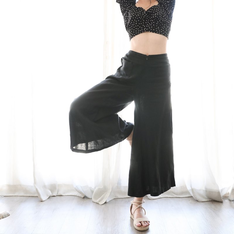 Natural Linen Pants with mini front pockets  - Black - 女装长裤 - 亚麻 黑色