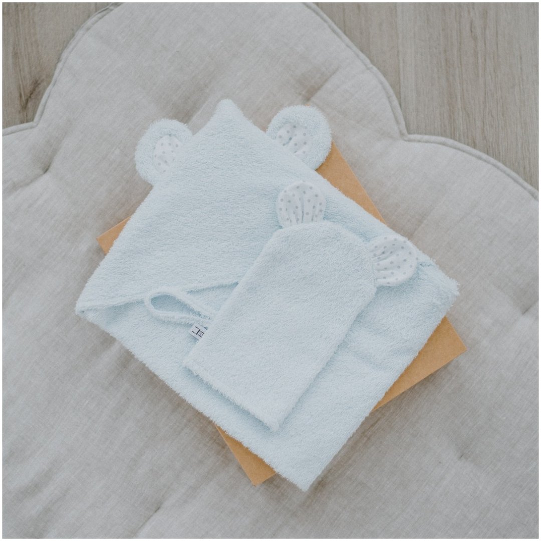 SET: Hooded Towel and Mitten blue set for a Baby or Toddler - 满月礼盒 - 棉 蓝色