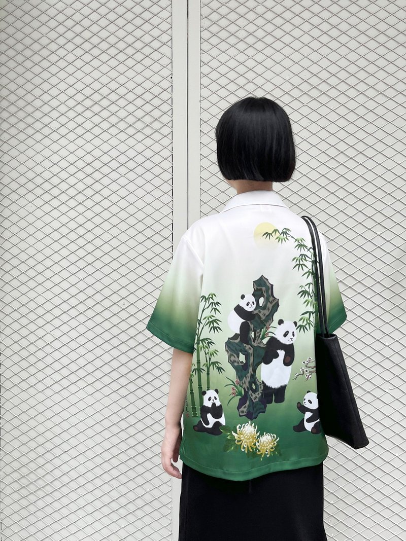 原创设计熊猫图案绣花印花复古白绿渐变夏威夷衬衫 - 女装衬衫 - 其他材质 多色